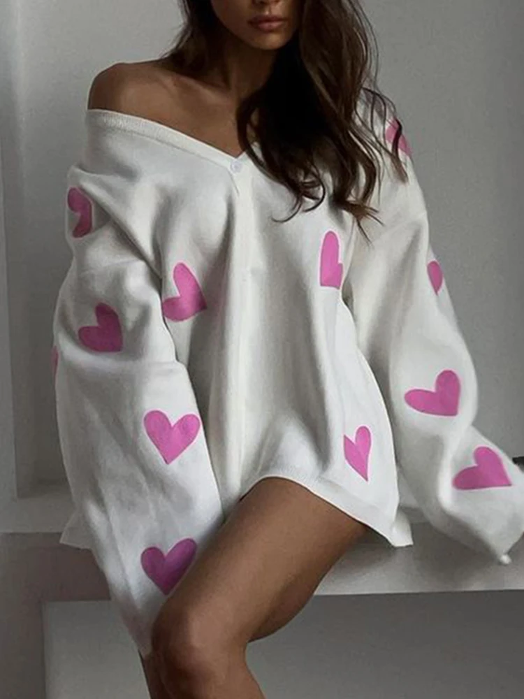 TARUXY-Cardigan à Manches sulfet Col en V Profond pour Femme, Pull Décontracté avec Broderie de Cœur, Manteau d\'Automne, Nouveauté 2023