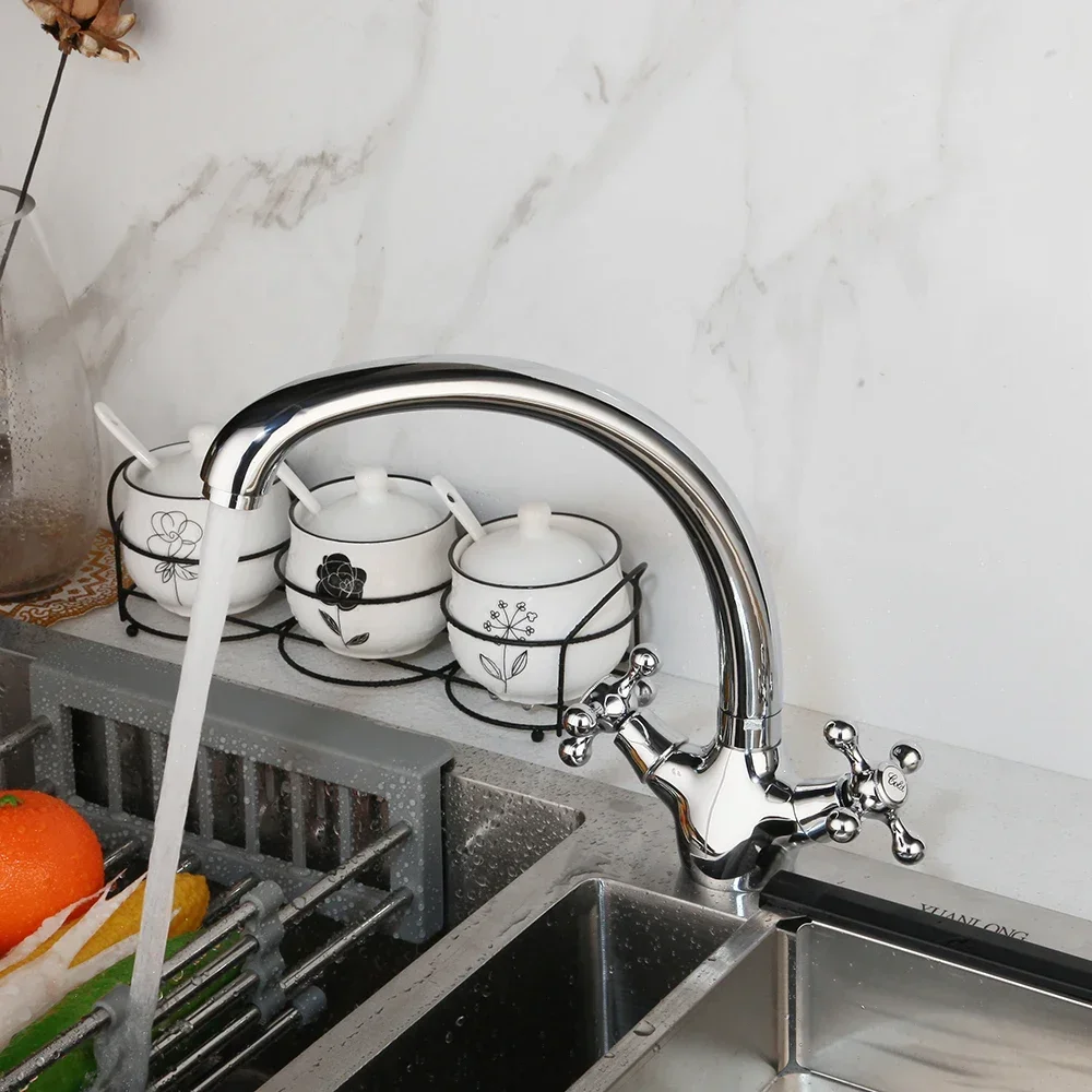 KEMAIDI Chrome Finished Kitchen Sink Faucet Double Handle Hot and Cold Water Mixer Tap Deck Mounted Torneira Cozinha