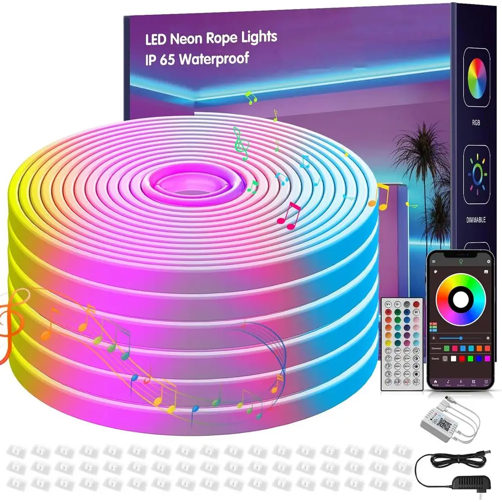 

Светодиодные неоновые ленты RGB с синхронизацией музыки - 30-метровые уличные ленты с пультом ДУ и управлением через приложение для DIY, спален, игр, вечеринок и декора помещений