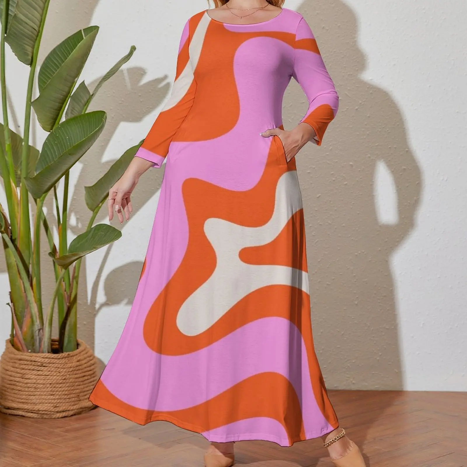 Retro Liquid Swirl Abstract Pattern Hot Pink Bright Orange Cream Long Sleeved Dress summer dresses women 2024 prom clothes