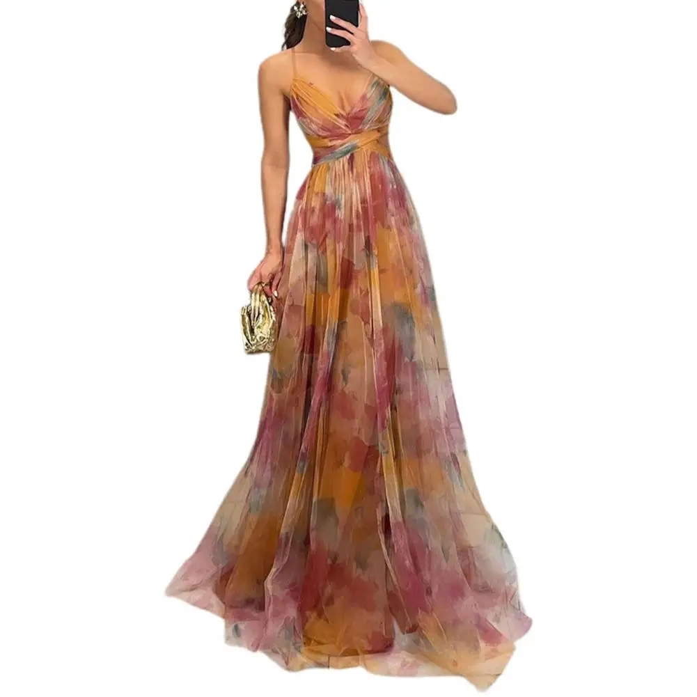 

All-over Print Maxi Dress Elegant Mesh Printed Evening Dress with Low-cut Back Spaghetti Straps A-line Floor Length for Women