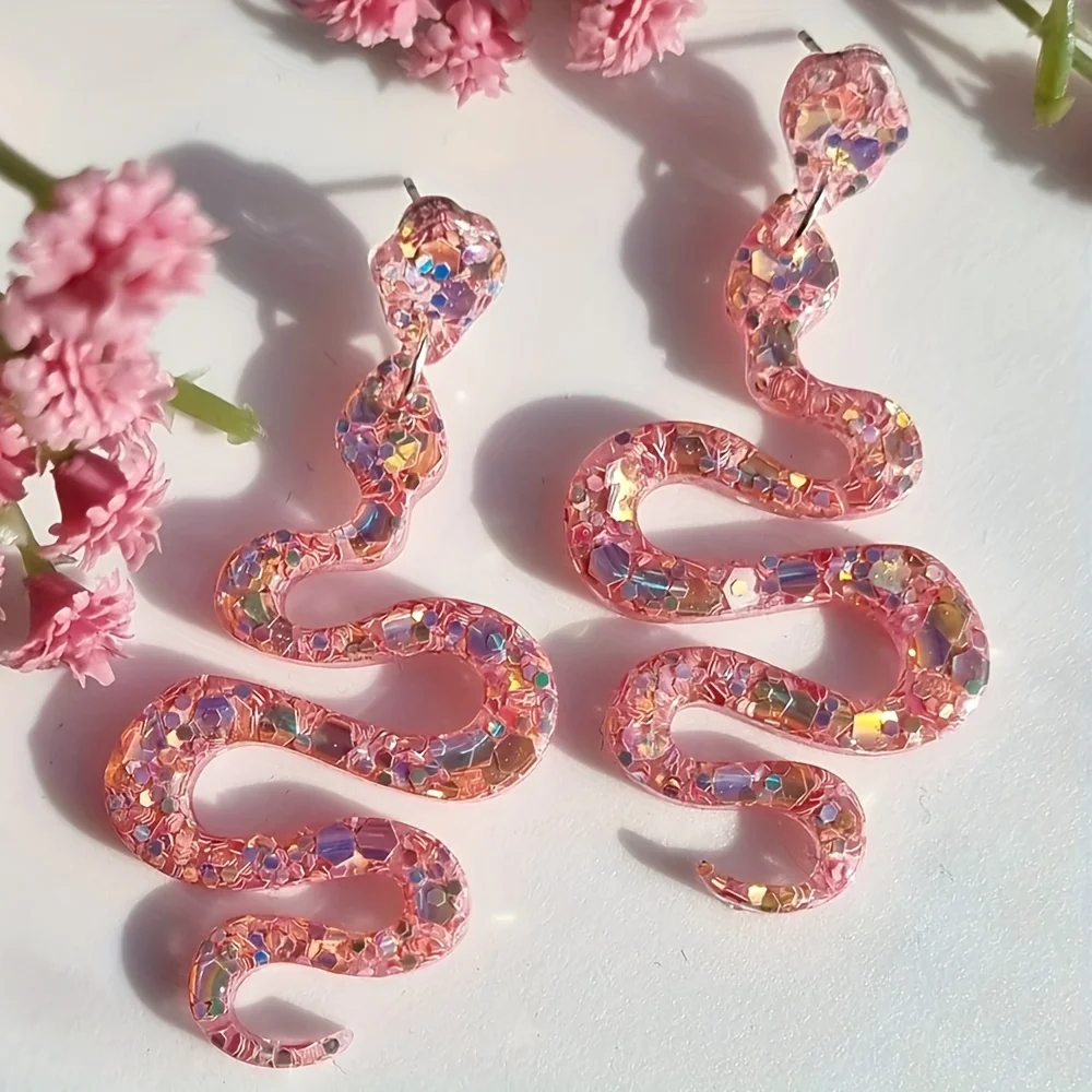 Vedawas Cute Acrylic Sequin Snake Animal Earrings, Elegant Party Holiday Pendant Earrings Women Accessories