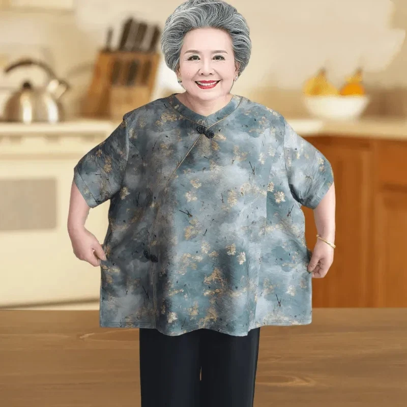 Plus Size Chinese Style Floral Short Sleeve T Shirt Loose Tummy Cover Outfit For Elderly Women