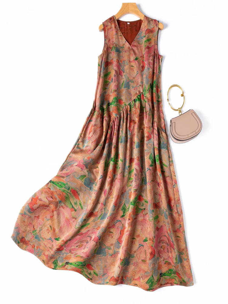 Artistic Sense Oil Paint Style 100% Natural Mulberry Silk Gambiered Guangdong Gauze Design Sense Women's Large Swing Vest Dress