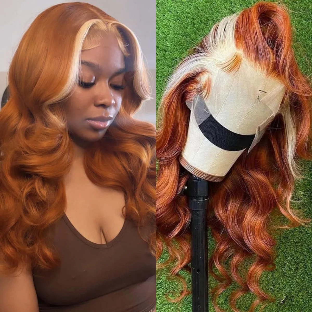 

Ginger Orange Highlight Blonde Body Wave Lace Front Wig 13x4 HD Cosplay Synthetic And Blend Glueless Heat Resistant For Women