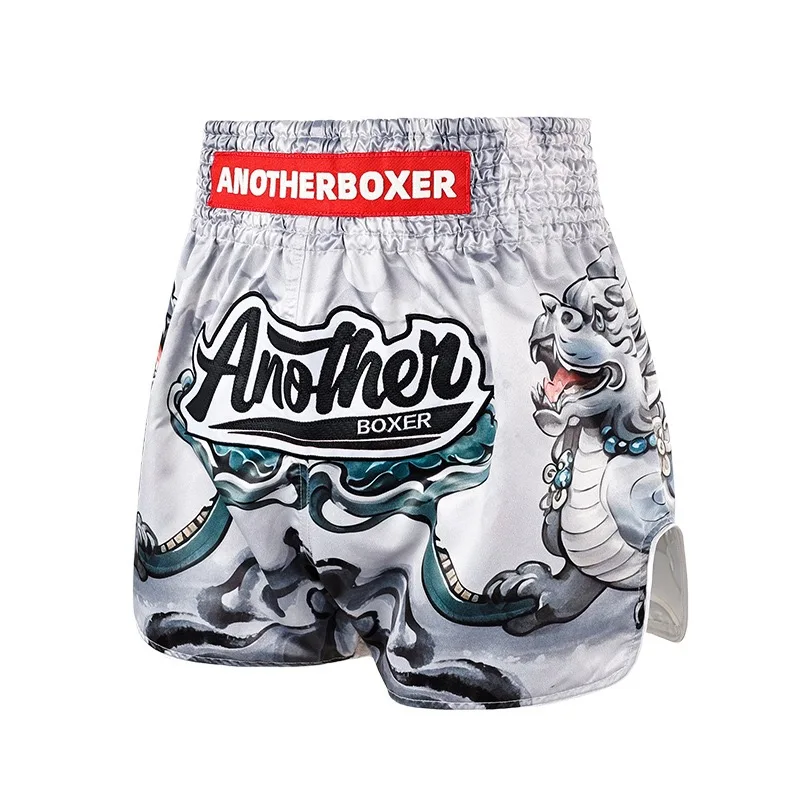 Men Women Martial Arts Muay Thai Kickboxing Shorts Gray Satin Boxing Shorts Animal Print Loose Shorts for MMA Training Sparring