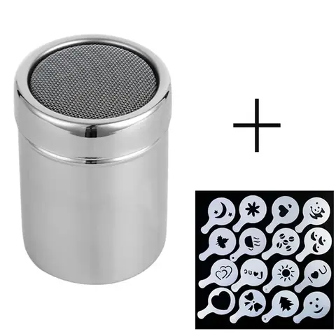 1pc 스테인레스 스틸 초콜릿 셰이커 코코아 가루 커피 Sifter 또는 16Pcs 커피 스텐실 템플릿 Strew Pad Duster 스프레이 도구