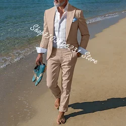 Trajes Beige para hombre, esmoquin ajustado para novio de boda, traje de padrino de boda, traje de playa a la moda, Blazer con pantalones, 2 piezas