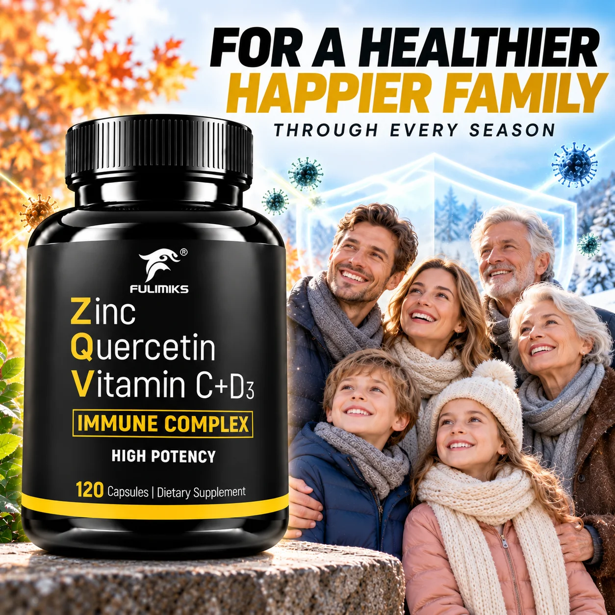 Zinc Quercetin Vitamin C+D3 Capsules, Support Respiratory Function Immune Antioxidant, Keep Vitality for Daily Overworked Users