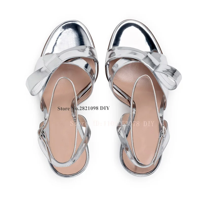 Women Sexy Shiny Silvery Patent Leather Chunky Heeled Sandals Ankle Strap Open Toe High Heels Criss-Cross Bowtie Knot Shoes