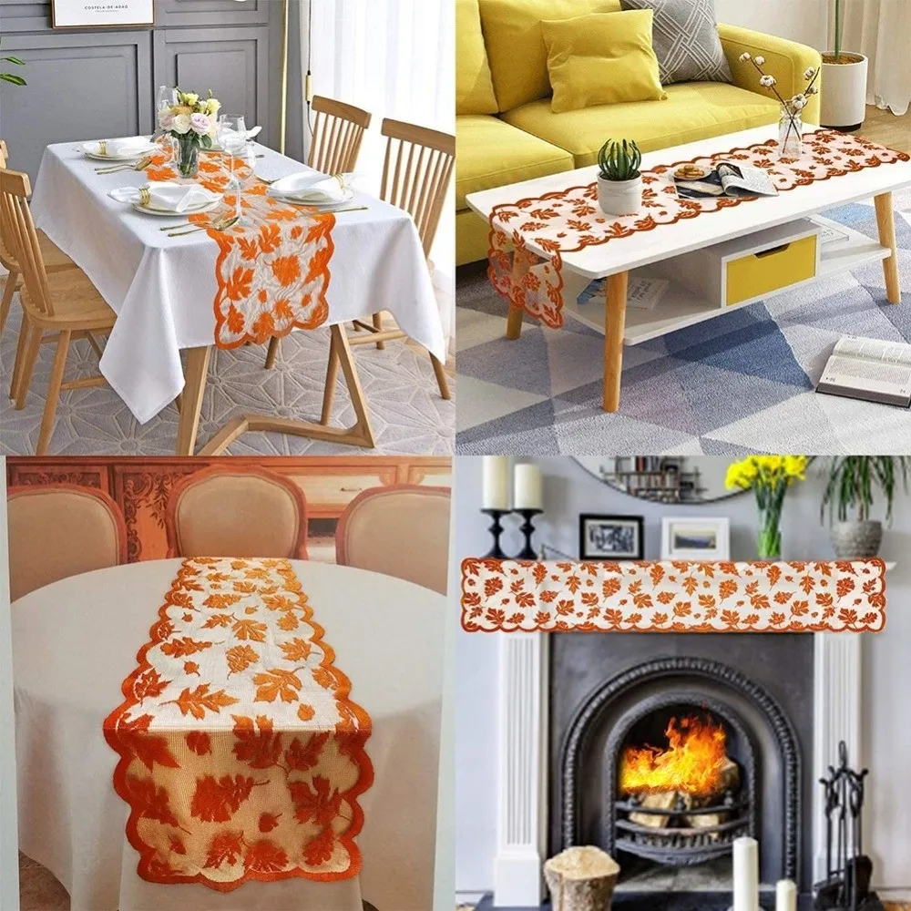 Thanksgiving Table Runner Lace Design Maple Leaf Pattern Autumn Tablecloth Orange Washable Lace Fall Tablecloth Harvest Season