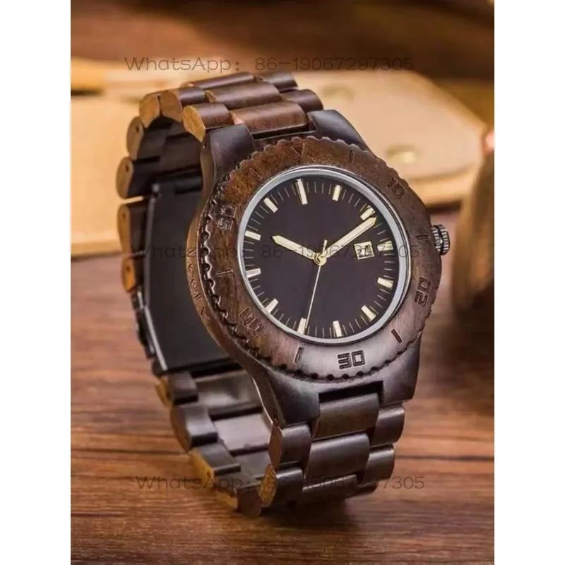 Ebony watch light luxury business quartz movement men's luminous light with calendar solid wood handmade wooden watch gift