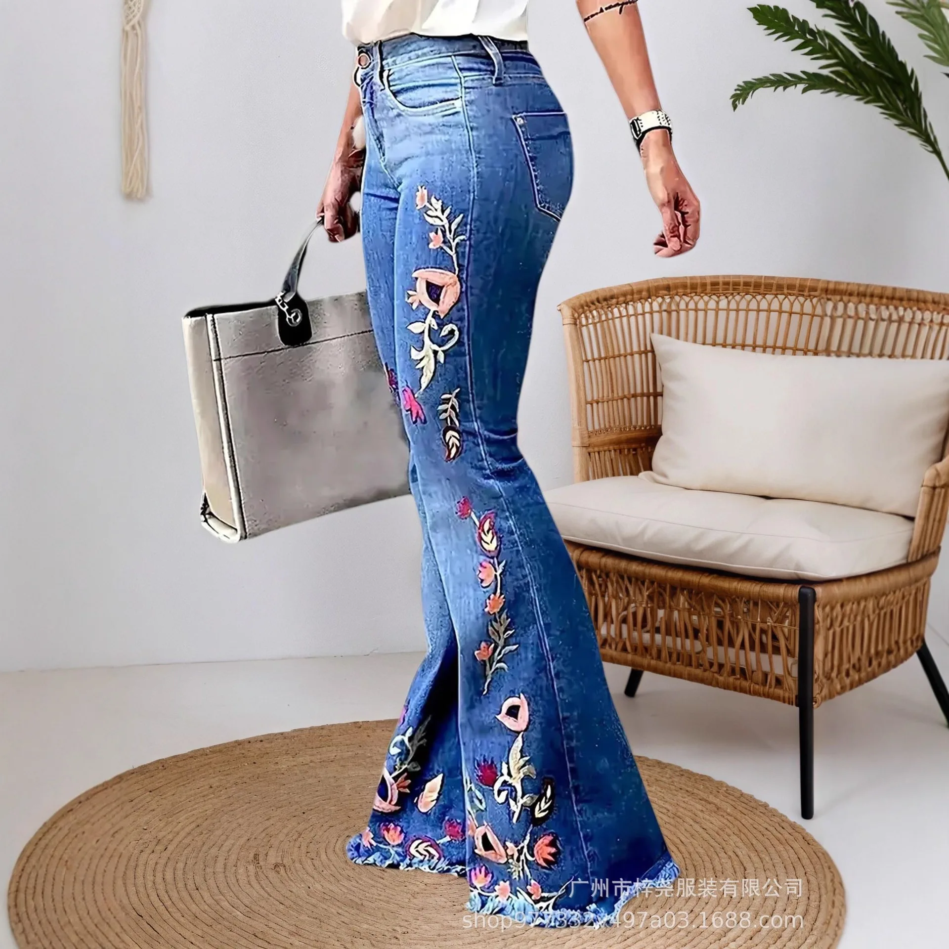 Women's Jeans European And American High-elastic Embroidered Large-speaker Jeans Women's Four-season Comfort And Elegance Casual