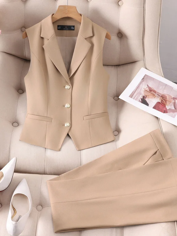 Khaki Women's Vest Top Fashionable Slimming Professional Set Commute Style Short Length V-Neck Single Button Regular Thickness