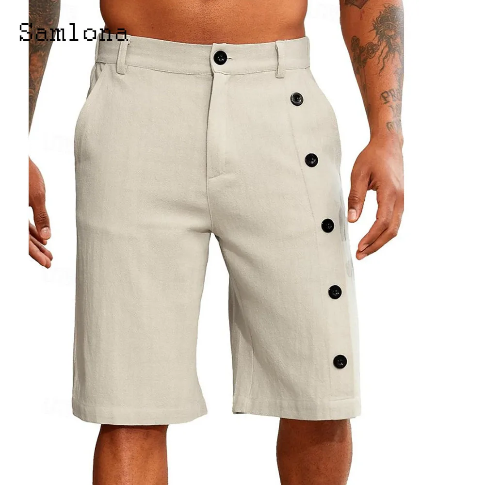 Plus Size Mens Vintage Stand Pocket Cotton Linen Shorts Male Casual Beach Half Pants Solid White Khaki Multi-buttons Shorts New