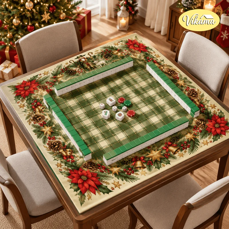 VIKAMA Green Plaid Shepherd Nutcracker Sheep Table Poker Cover Non Slip Board Game Christmas Game Game Surface Mahjong Table