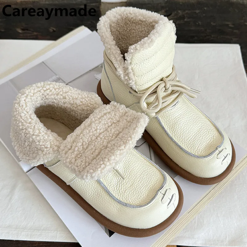 Careaymade-Genuine Leather Women's Boots,casual anti slip snow boots fleece warm short boots,winter cowhide women's white shoes