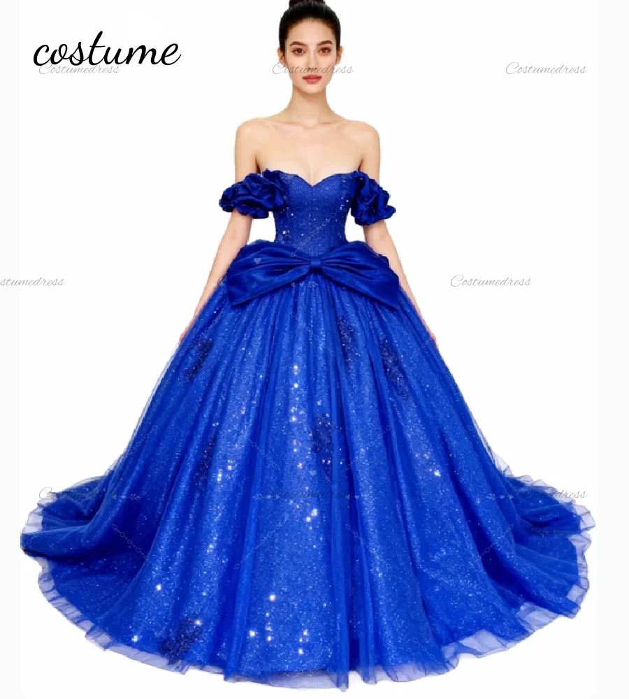 Sparkly azul real vestidos de 15 quinceañera vestido de baile fora dos ombros doce 16 vestido masquerade aniversário ocasião festa vestido