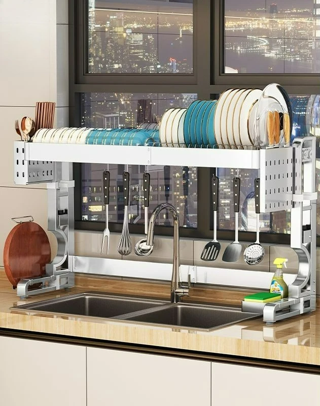 304 stainless steel kitchen rack folding installation-free sink drain rack dish storage rack nail-free Nordic wind