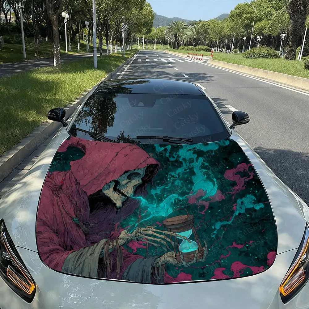 Red Cloak Skeleton Magic Lion Car Vinyl Wrap, PVC Material Waterproof Car Hood Sticker