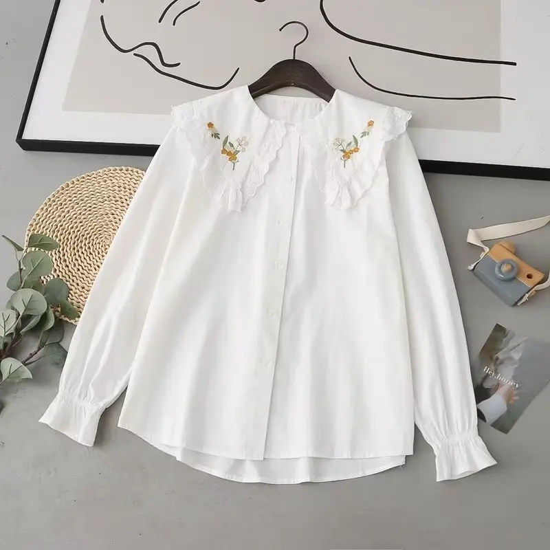 Mori kei clothing Japan style sweet embroider lace patchwork white shirts and blouses long sleeve tops for women lolita clothes