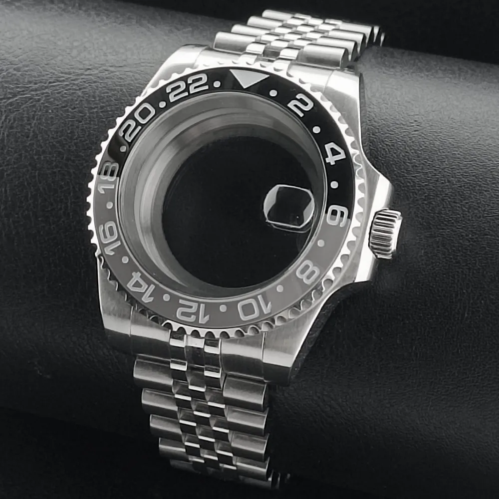 New 40.5mm GMT fit NH-34 silver case bezel can rotate in both directions Sapphire waterproof watch case watch parts accessories