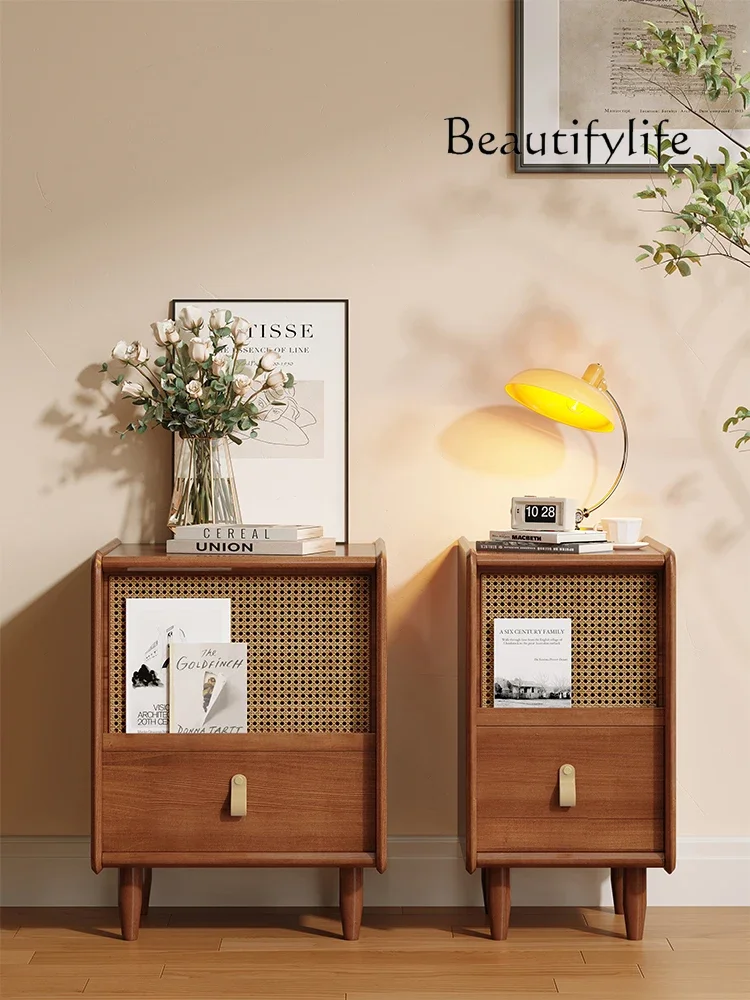 

Nordic Style Rattan Bedside Table Small Apartment Solid Wood Side Cabinet