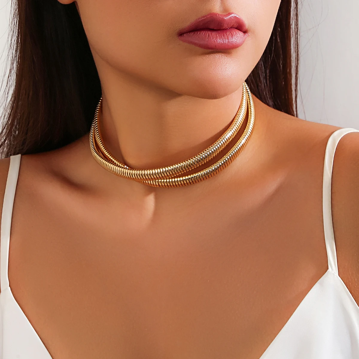 IngeSight.Z Vintage Metal Cross Striped Double Layer Choker Necklace Women Punk Gold Color Thick Collar Necklaces Party Jewelry