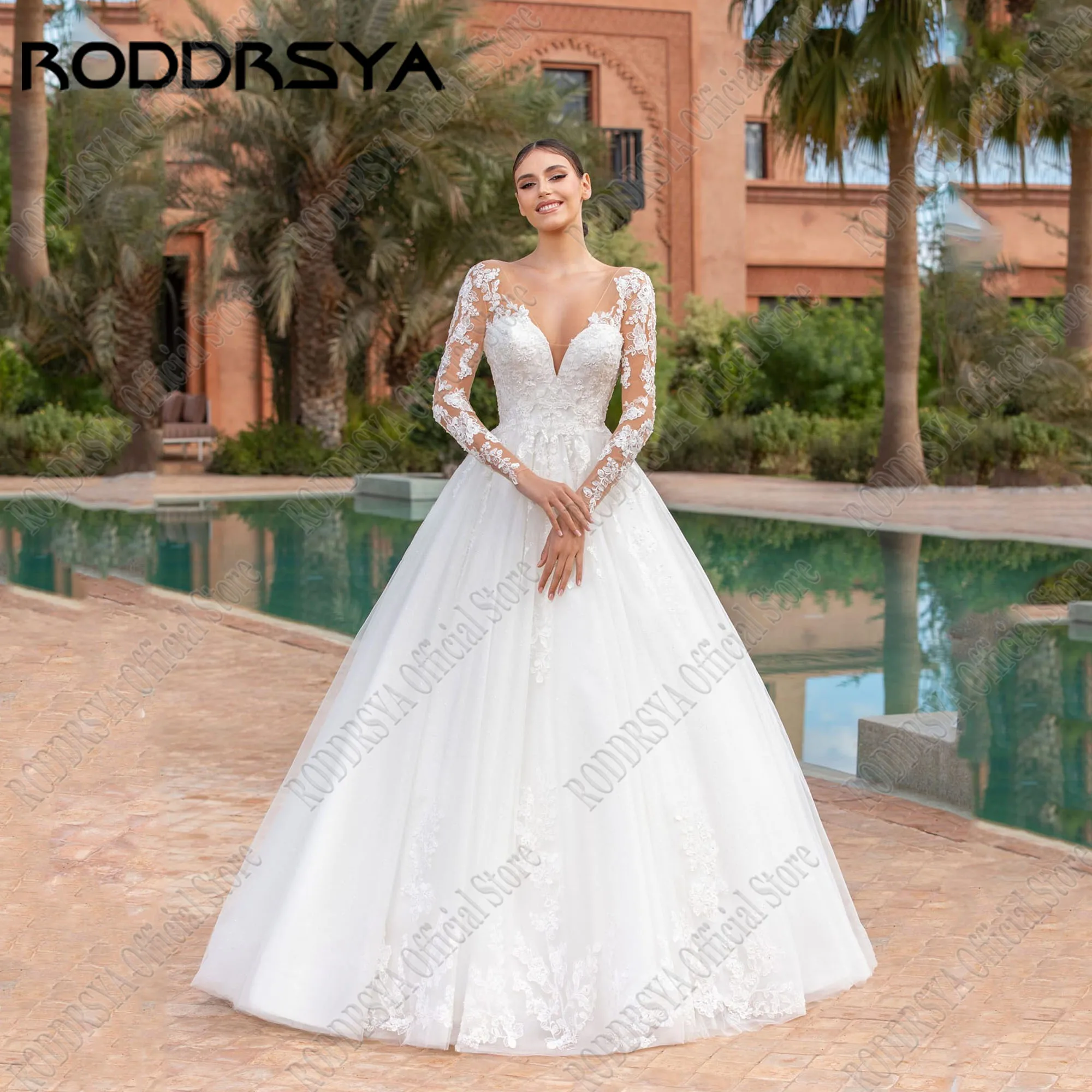 

RODDRSYA Elegant A-Line Wedding Dress Long Sleeves Double V-Neck Applique Backless Sequin Lace Button Civil Bride Gowns 2025