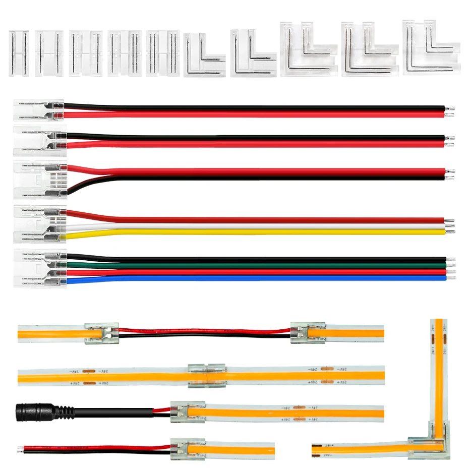 5Pcs COB Led Strip Light Connectors Free Welding Quick Connection 2Pin 3Pin 4Pin 5mm 8mm 10mm with 12V 24V Electric Wire DC