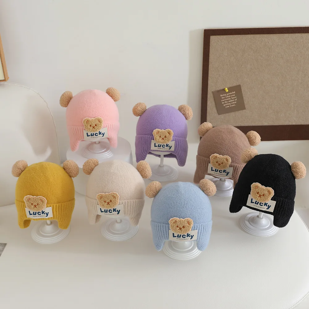 2025 Windproof Solid Color Baby Knitted Hat Soft Cute Winter Hat Plush Ball Cartoon Children Warm Cap Baby Children Kids