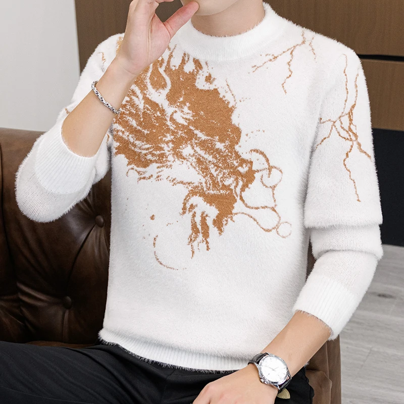

Chinese Loong Pattern Slim Fit Knitted Sweater Men's Undercoat 2025 Brand Premium Tops High Quality Men's Large Warm Sweater
