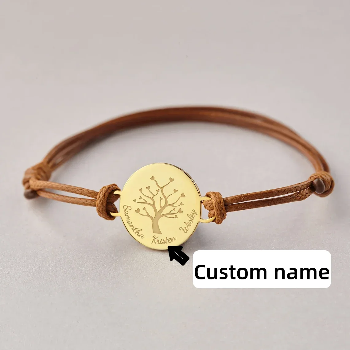 Customizable Family Tree Name Bracelet for Women Personalized Tree of Life Stainless Steel Adjustable Rope round Jewelry Gift