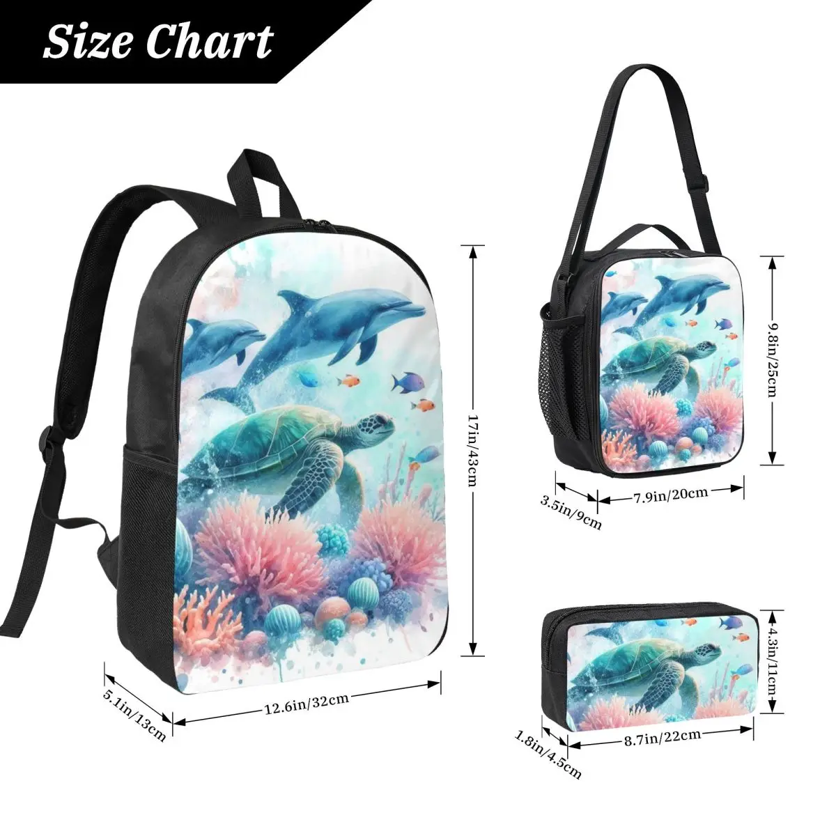Vibrant Turtle And Waterweed Art Backpack Student BookBag School Bag Computer Shoulder Bags 3ps Insulated Lunch Bag Pencil Case