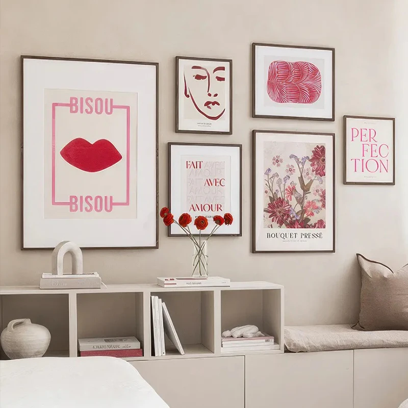 Romantic Bisou Pink Canvas Print Painting Kiss Wall Art Poster for Modern Minimalist Living Room Home Decor Picture Gifts