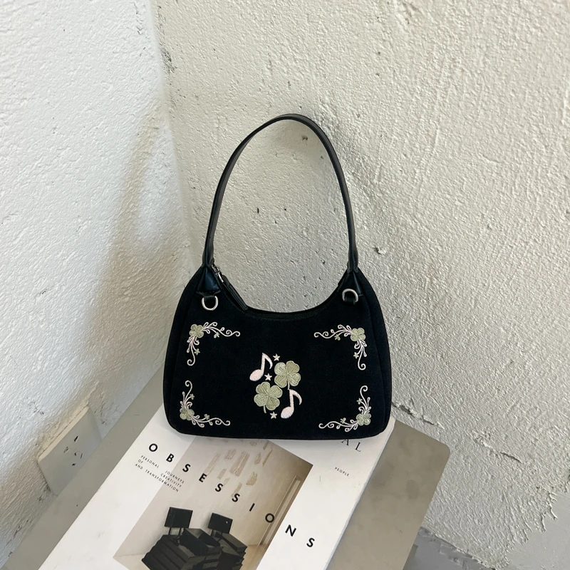 2026 New Vintage Clover Embroidery Hobo Shoulder Bag Musical Note Floral Pattern Underarm Bag Multi Color Ladies Daily Handbag