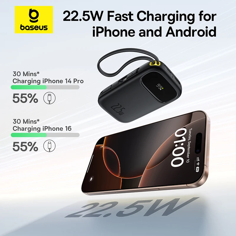 Baseus 22.5W 10000mAh 20000mAh Power Bank Built-In Retractable USB-C & Lightning Cable for iPhone 16 Samsung S25 Xiaomi Poco