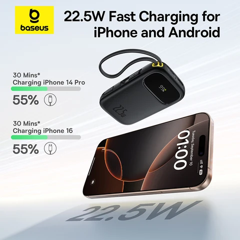 Baseus 10000/20000mAh 22.5W Power Bank со встроенным выдвижным кабелем USB-C/Lightning для iPhone 16/15/Samsung S25/Xiaomi Poco