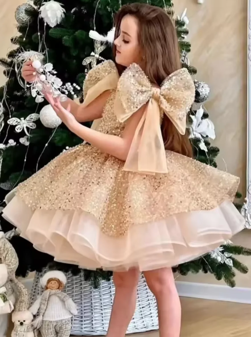 Puffy Gold Satin Flower Girl Dresses Knee Length Glitter Wedding Party Dress Bow Toddler Baby Birthday Pageant Ballet Tutu Dress