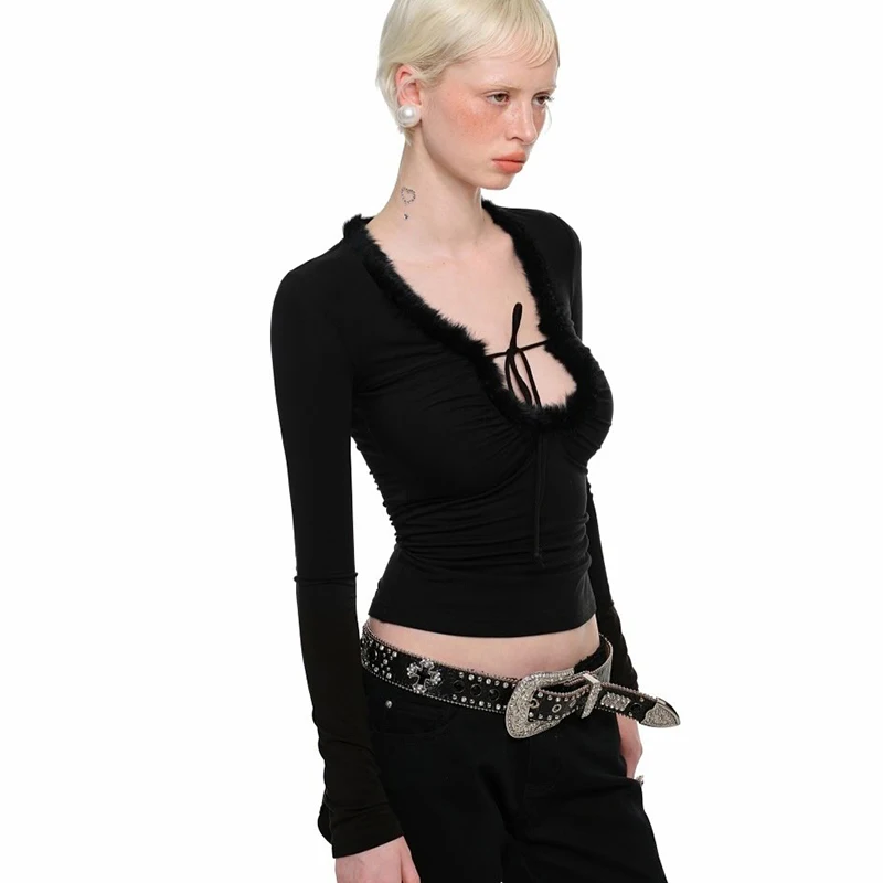 Female Long sleeve tee fur collar lace-up top tight tops trend 2025 autumn black Slim fit street wear Youth Blouse furry T-shirt