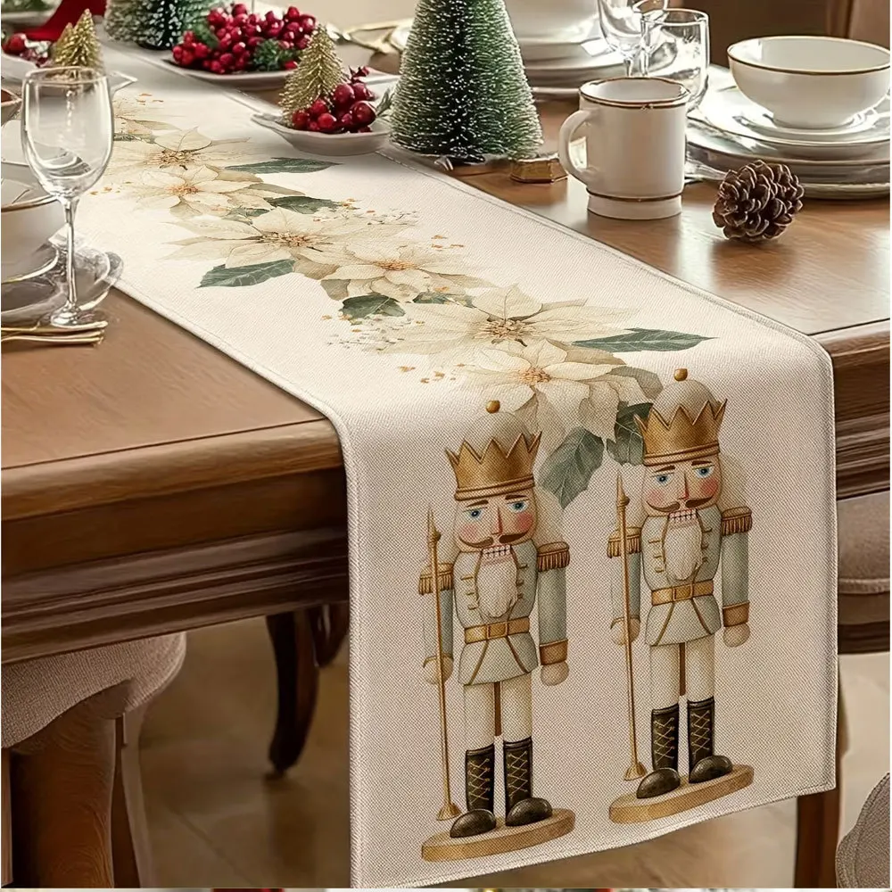 Linen Table Runner with Highl Cow in Christmas Lights  Poinsettias Off White Farmhouse Table Cover  Holiday Party