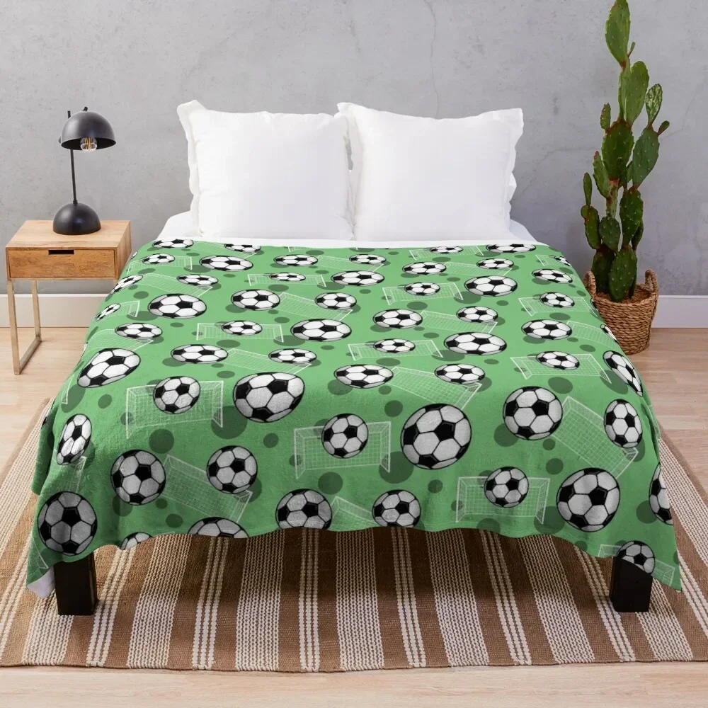 Soccer Ball and Goal Green Pattern - Green Soccer Throw Blanket Warm Extra Large Throw Blankets