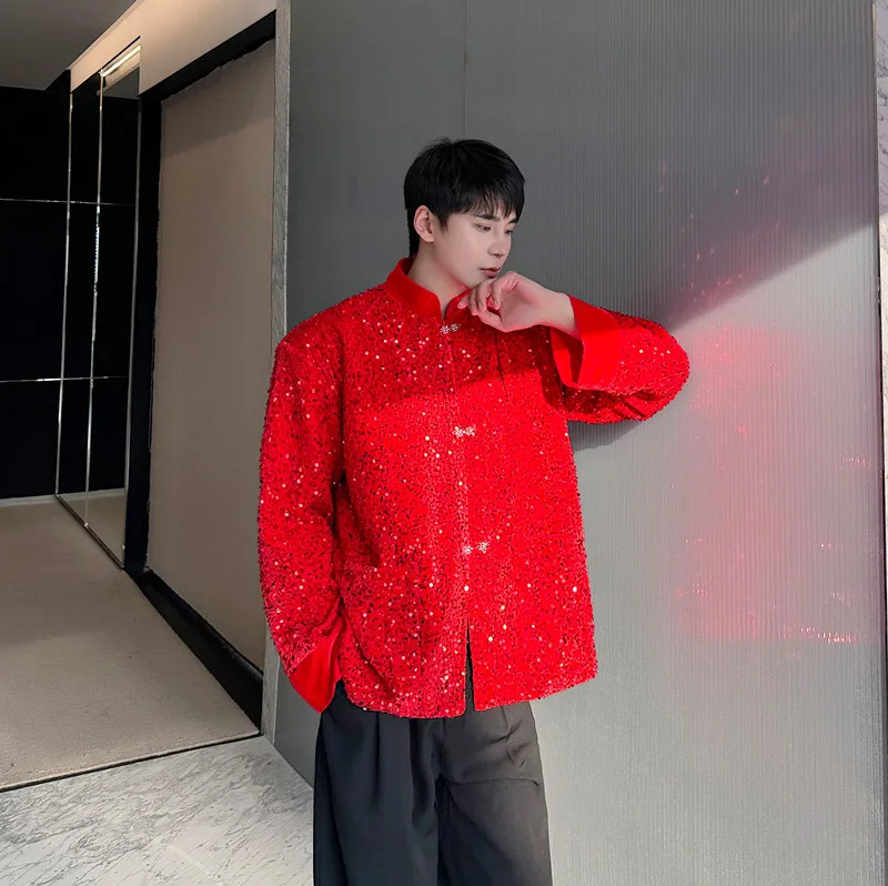 

New Chinese Sle Men's Jaet Sparkling Sequins Zhongan Suit Young Adults New Year Engagement Red Coat Suit Loose Fit Long...