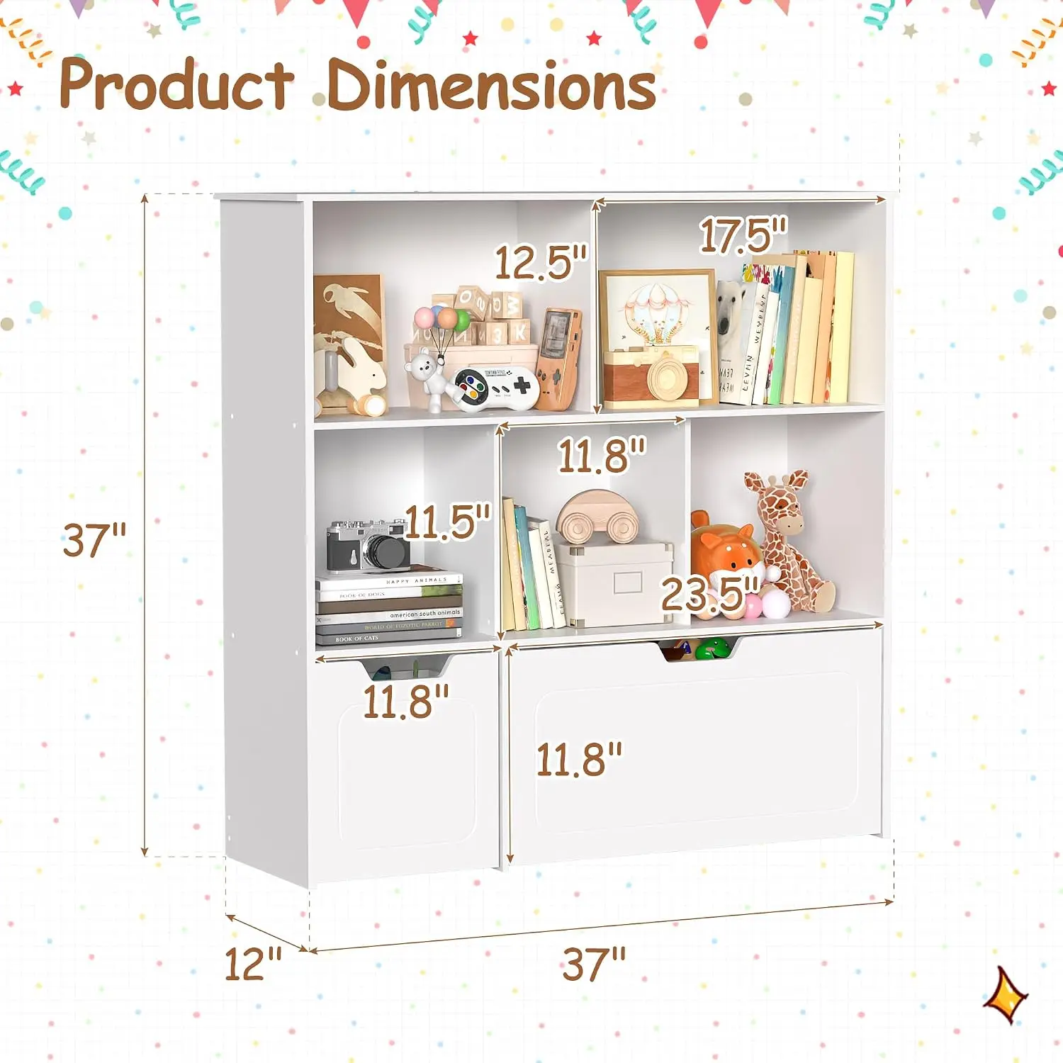 Kids Toy Storage Organizer with 2 Drawers & 3-Shelf Bookcase, 5 Cube Cabinet for Playroom Bedroom Nursery School, Customized