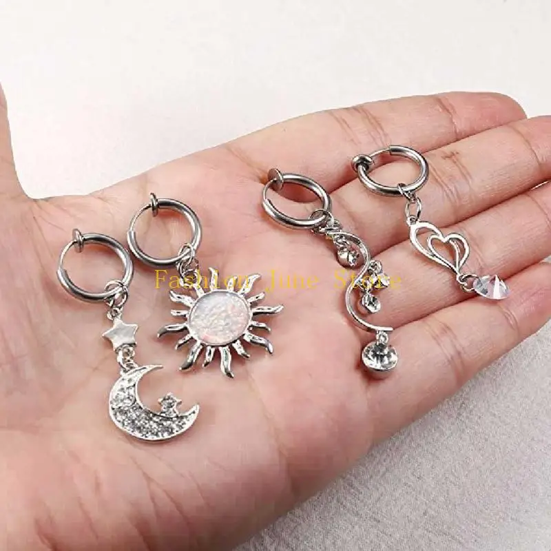N5KA Non Piercing Navel Rings Belly Dangly No Perforation Zircon Star Moon Series Set Curved Body Jewelry for Women Girls