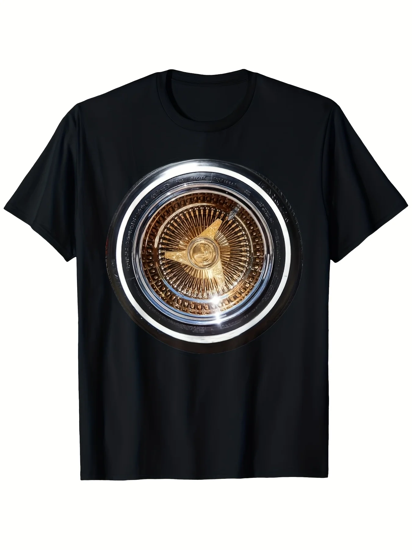 Men'S Unisex'S Lowrider Wheel Tshirt 180Gsm Retro 80S 90S Vintage Car Hubcap Golden Rim Print Casual Streetwear Black Tee for Car Enthusiasts Family Matching Outretro Casual Short-Sleeved T-Shirt with a Round Neck And Printed Pattern Suitable for Da