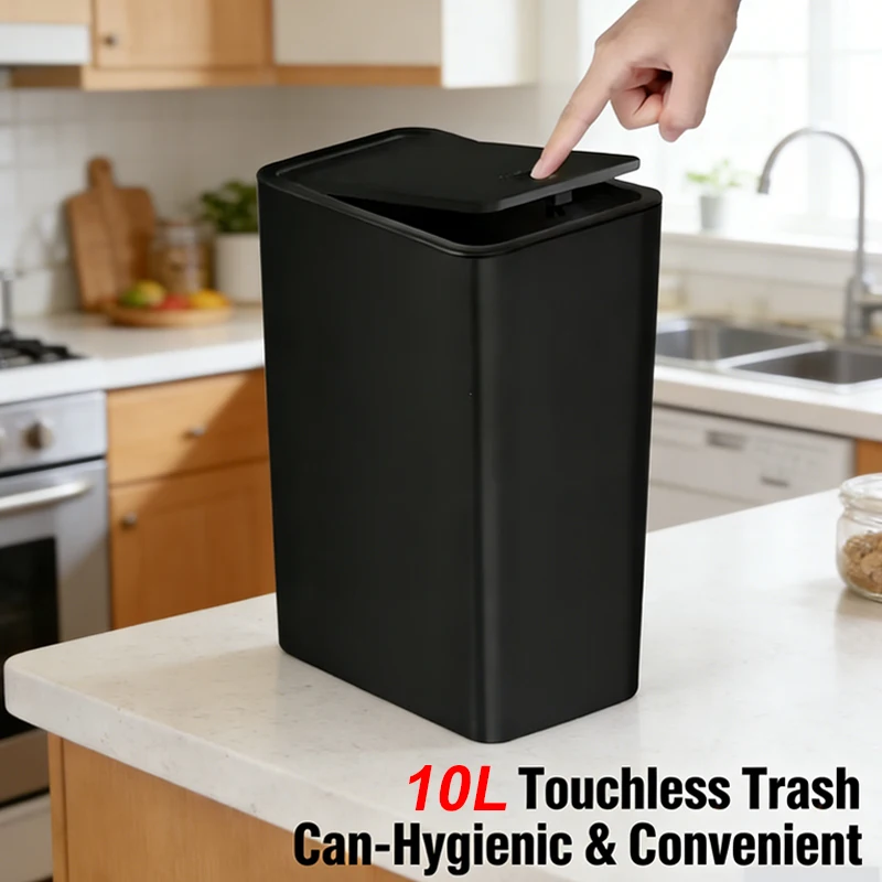 10L Small Black Bathroom Trash Can with Pop Up Lid Compact Plastic Garbage Bin For Cleaning Kitchen Food And Meal Residue