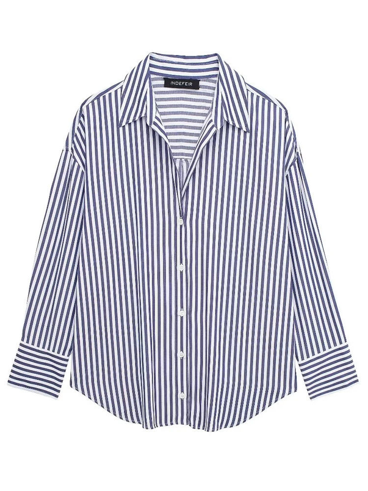 HH Women Casual Striped Print V Neck Shirts Long Sleeve Oversized Office Lady Shirts Fashion 2024 Spring Summer Blouses Top view 5