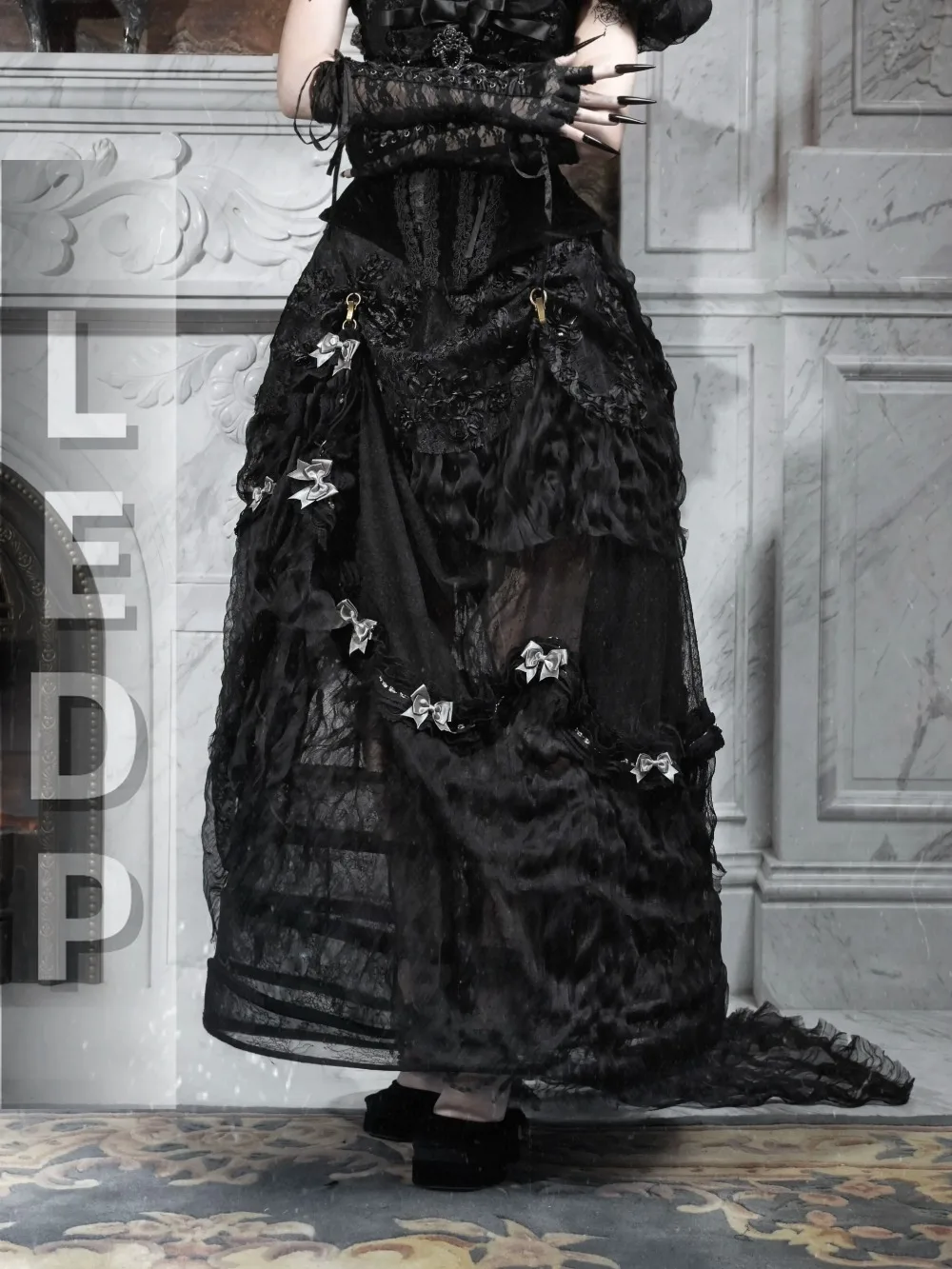 IMU Blood Supply Love God Vintage Palace Long Skirt Florals Patch Court Luxury Gothic Black Elegant Tail Ball Gown Skirt Hallowe