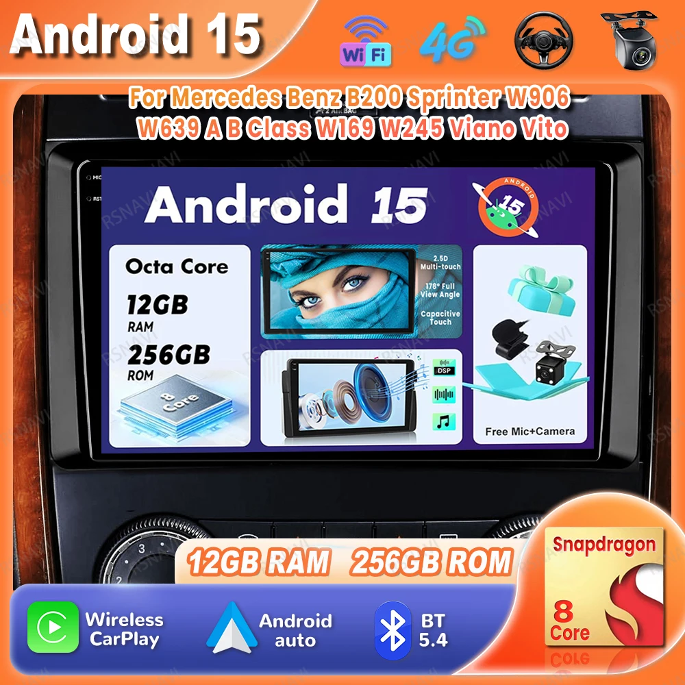 

Автомобильный радиоприемник Android 15 для Mercedes Benz B200 Sprinter W906 W639 A B Class W169 W245 Viano Vito Wireless Carplay Auto 5G WIFI BT